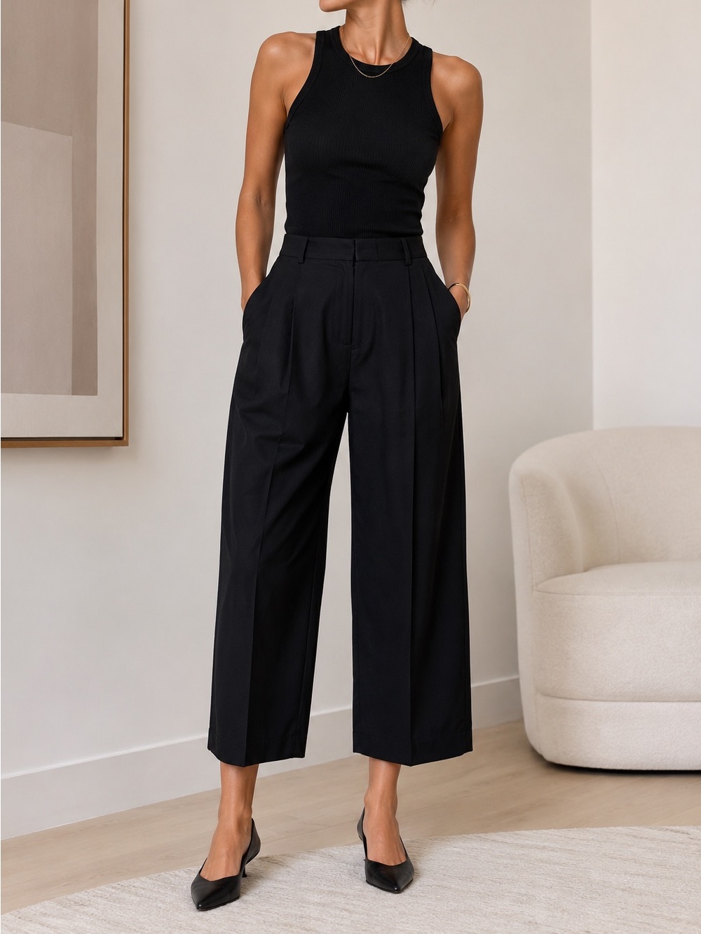 Nili Lotan Pleated Cropped Trousers Black High Rise Wide Leg Career Pants Size 6